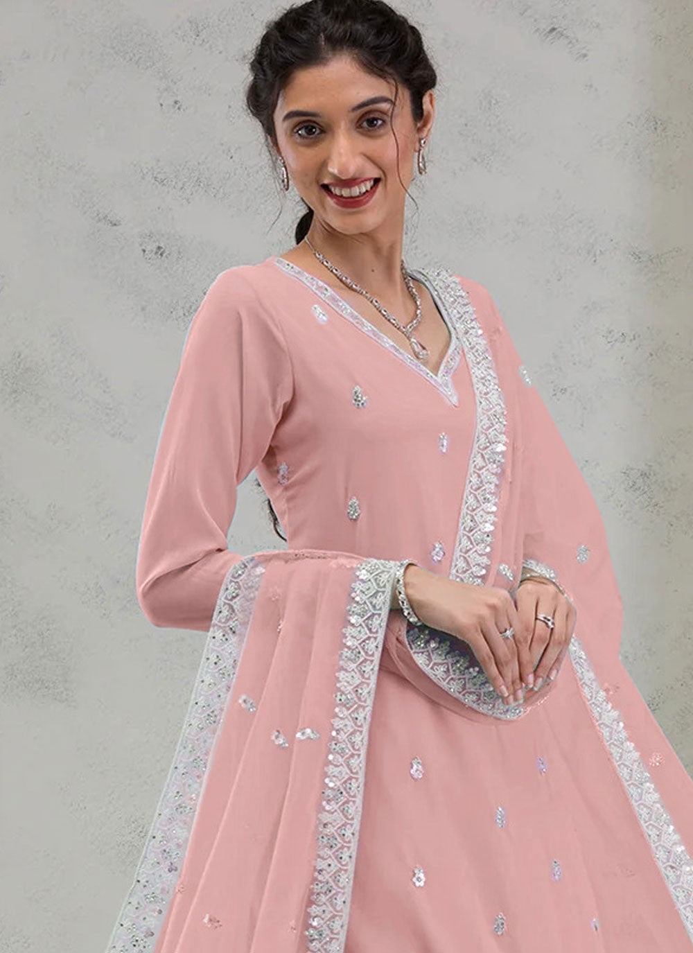 Salwar Suit Embroidered Beige, Pink Georgette T5532
