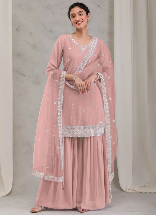 Salwar Suit Embroidered Beige, Pink Georgette T5532