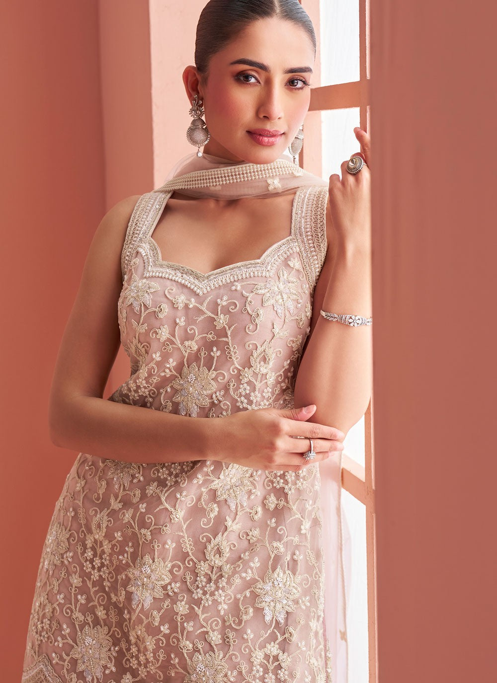 Palazzo Suit Beads, Embroidered Beige T8282