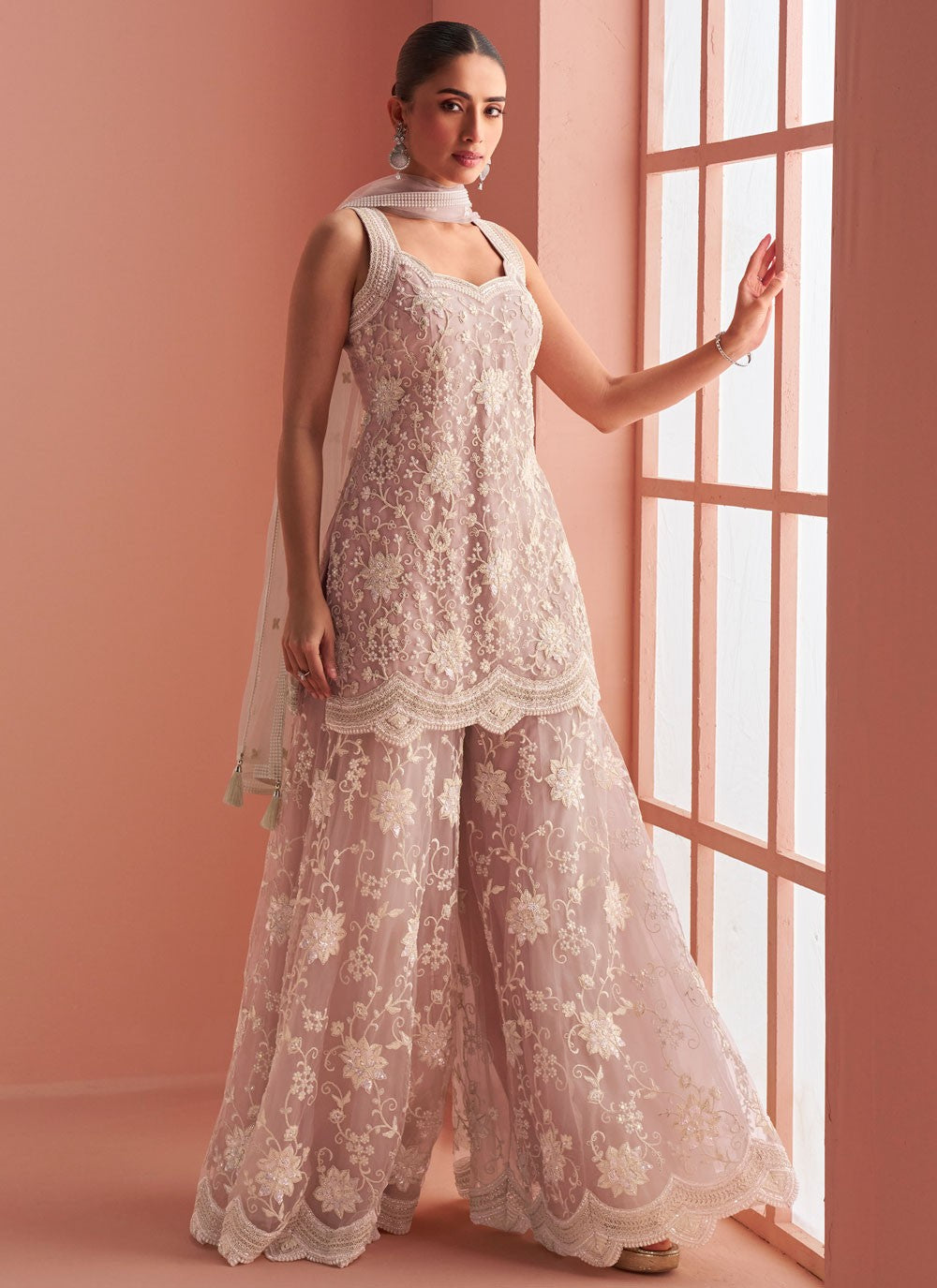 Palazzo Suit Beads, Embroidered Beige T8282