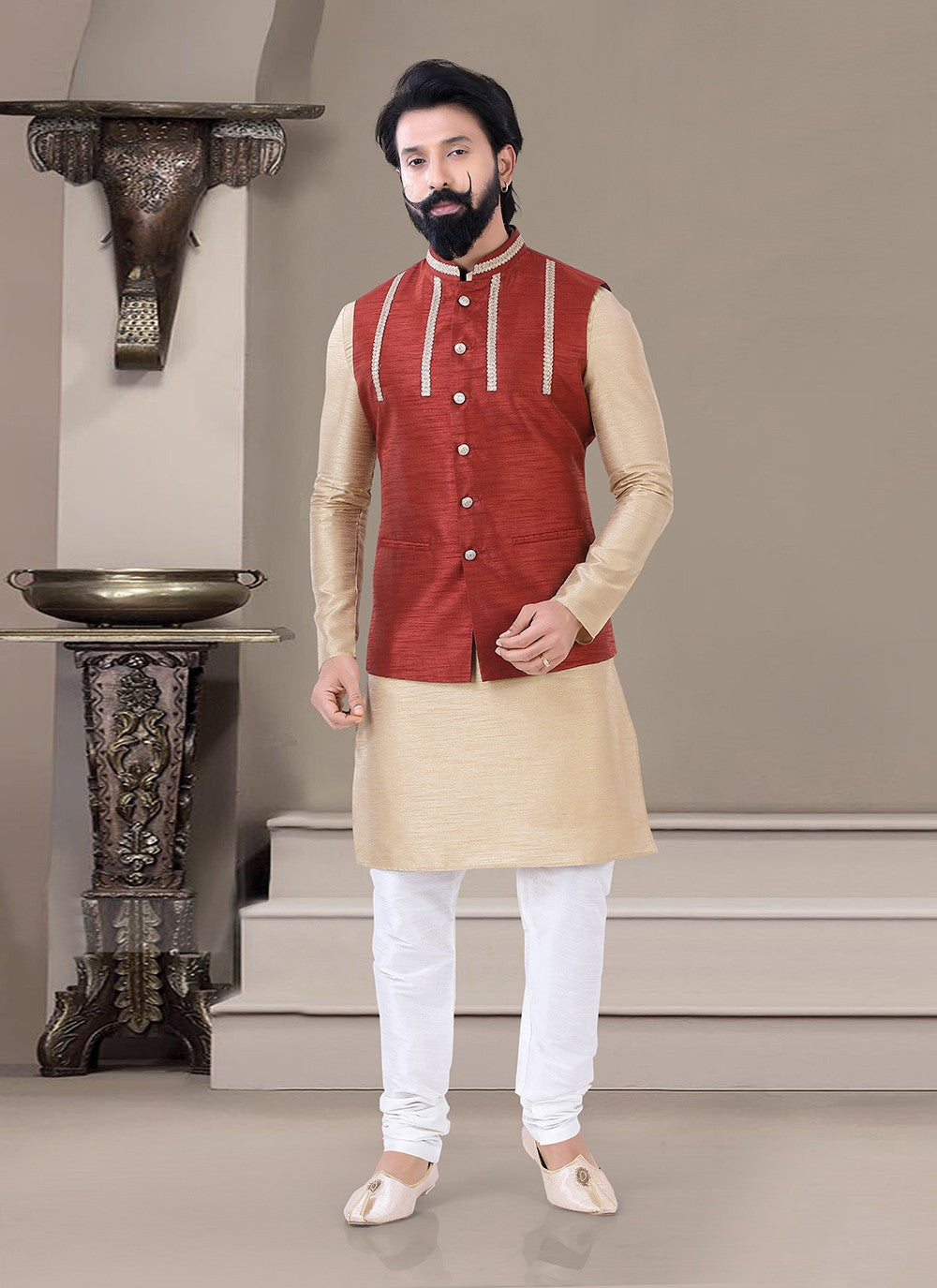 Embroidered Silk Beige, Rust Kurta Payjama With Jacket - M3448