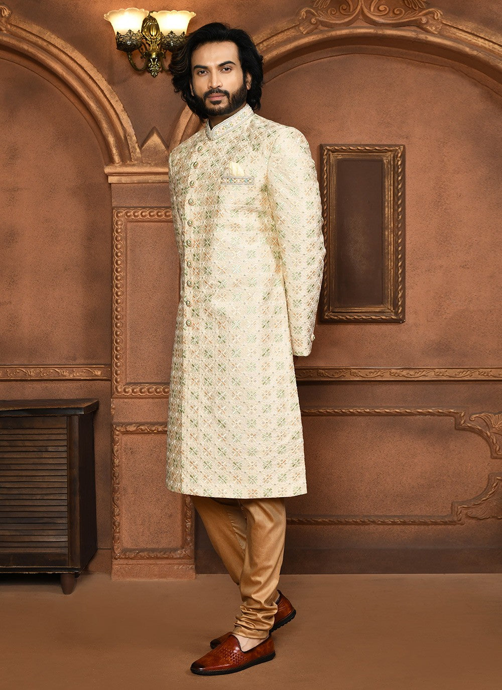Embroidered Art Silk Beige Sherwani - M8047