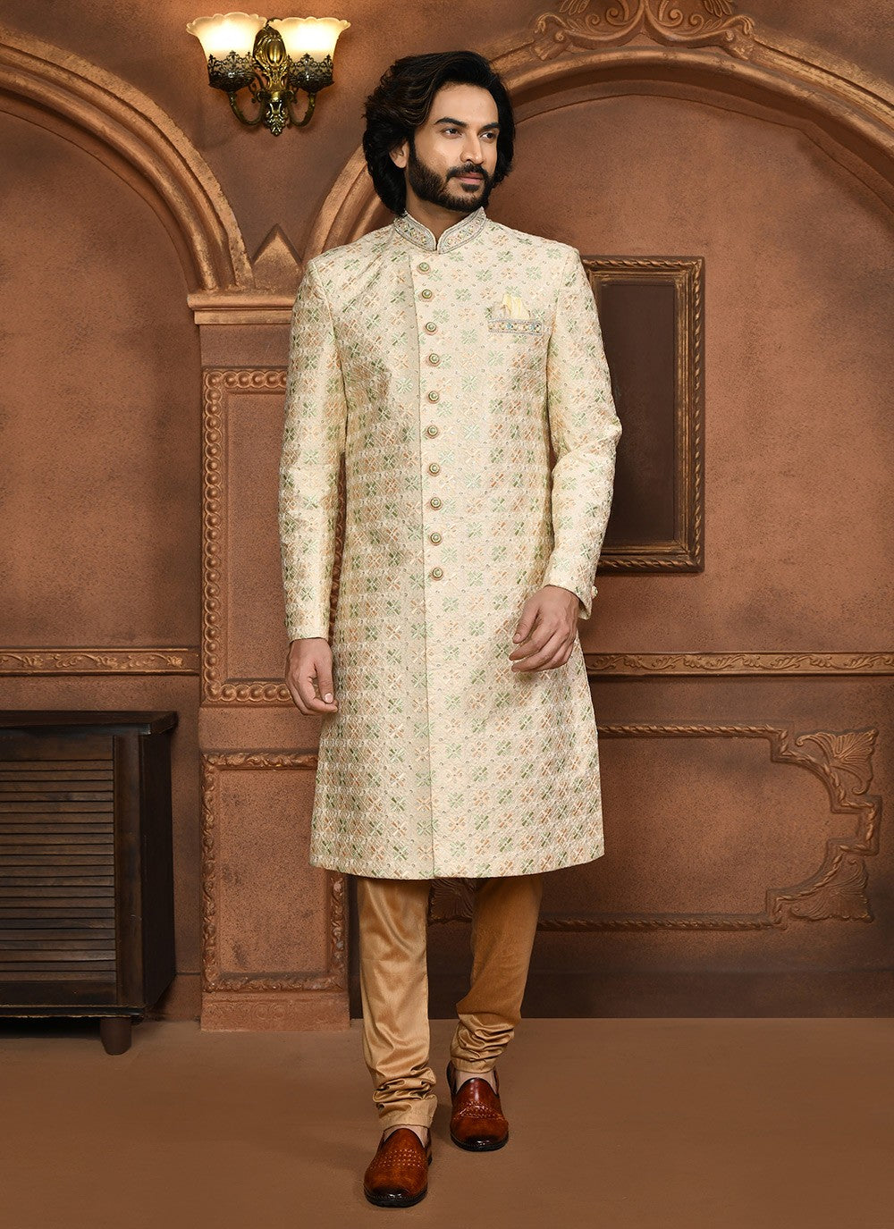 Embroidered Art Silk Beige Sherwani - M8047