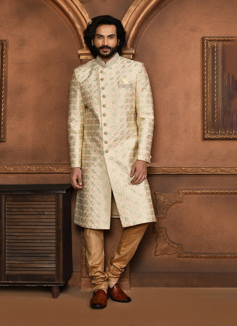 Embroidered Art Silk Beige Sherwani - M8047