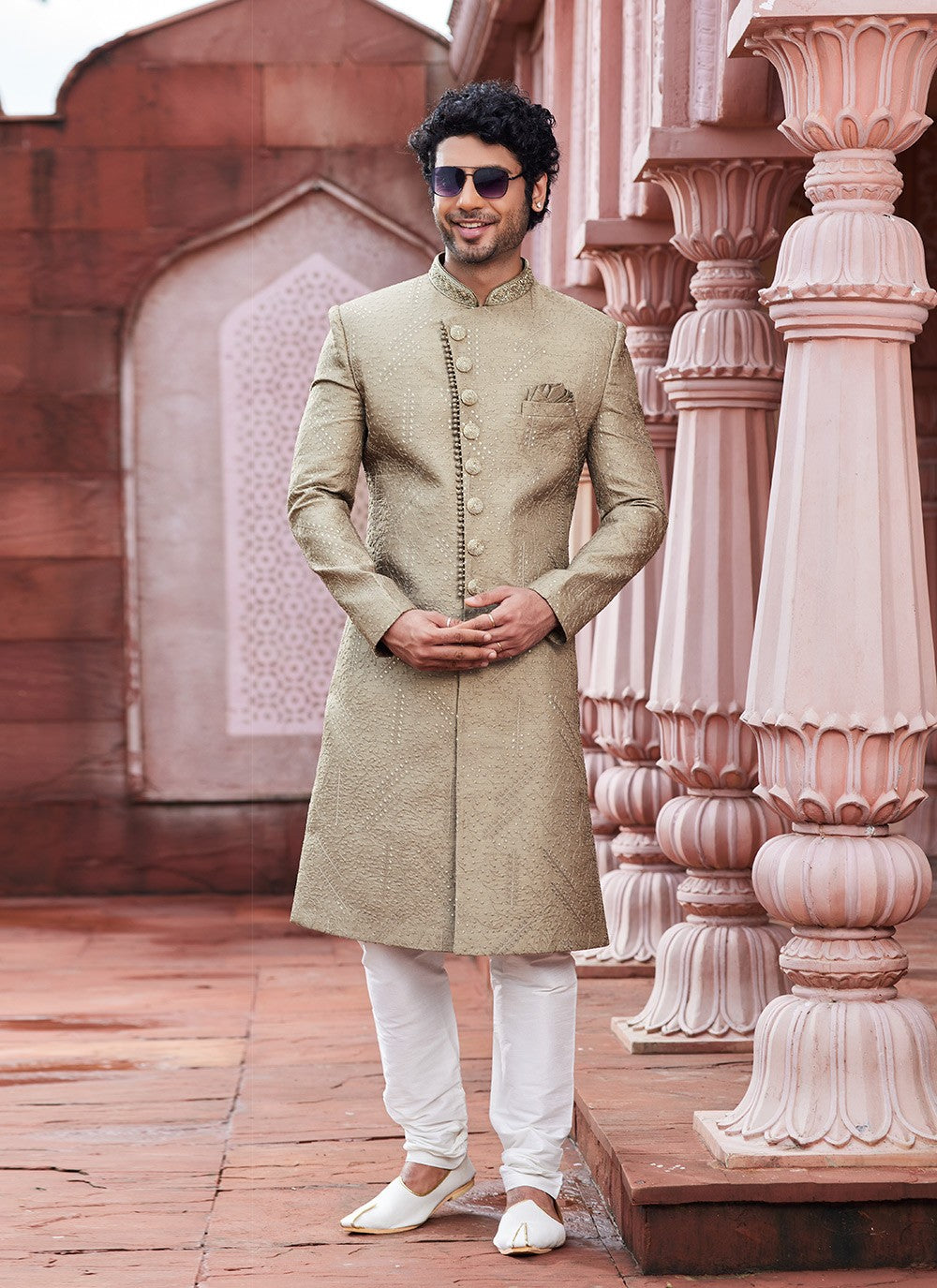 Hand Embroidery Art Silk Beige Sherwani - M6145
