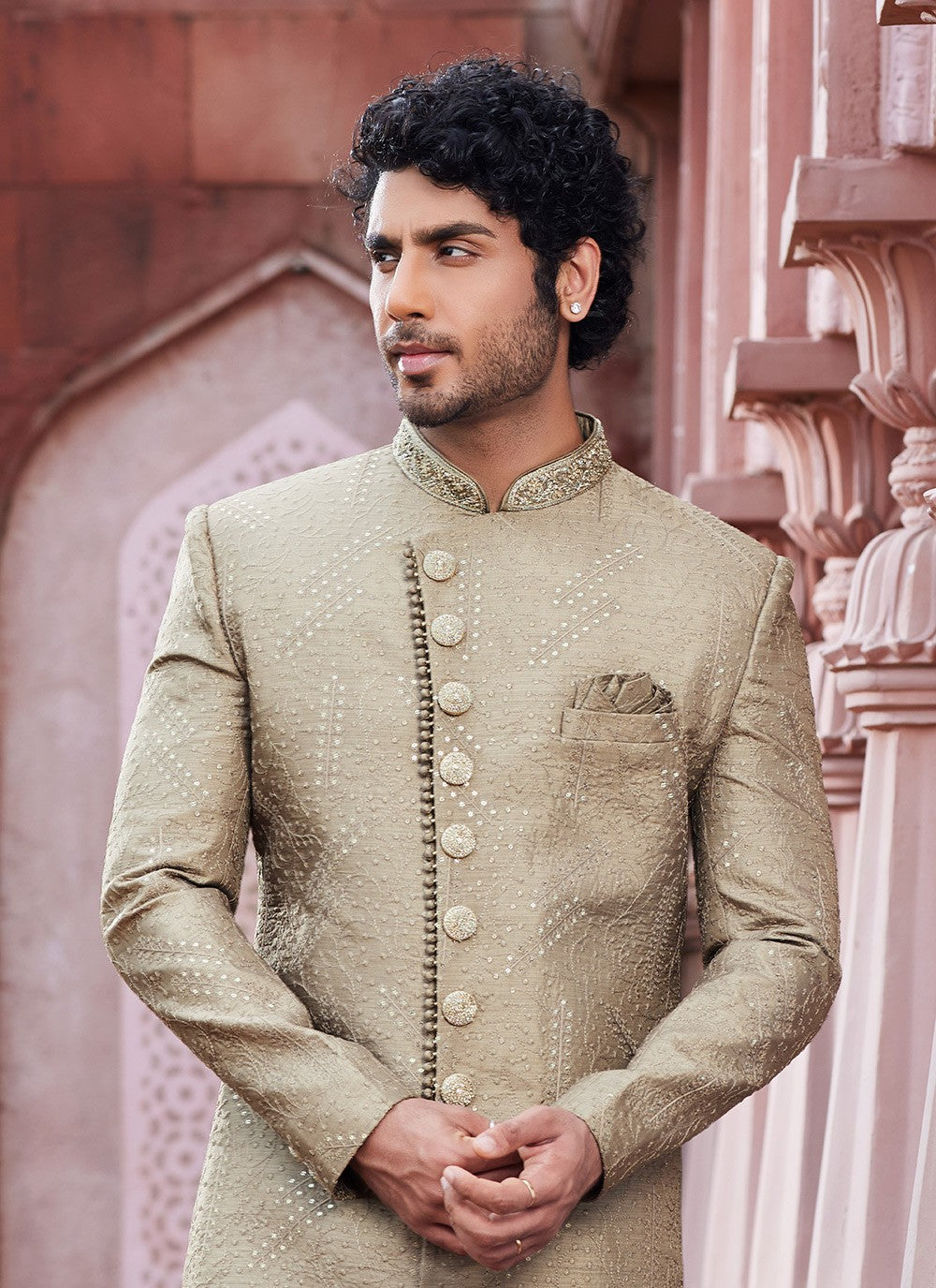 Hand Embroidery Art Silk Beige Sherwani - M6145