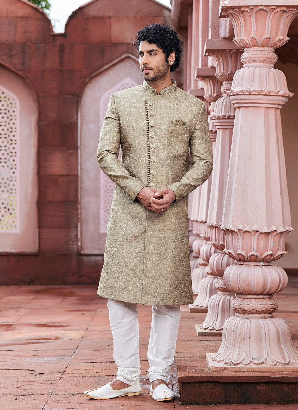 Hand Embroidery Art Silk Beige Sherwani - M6145