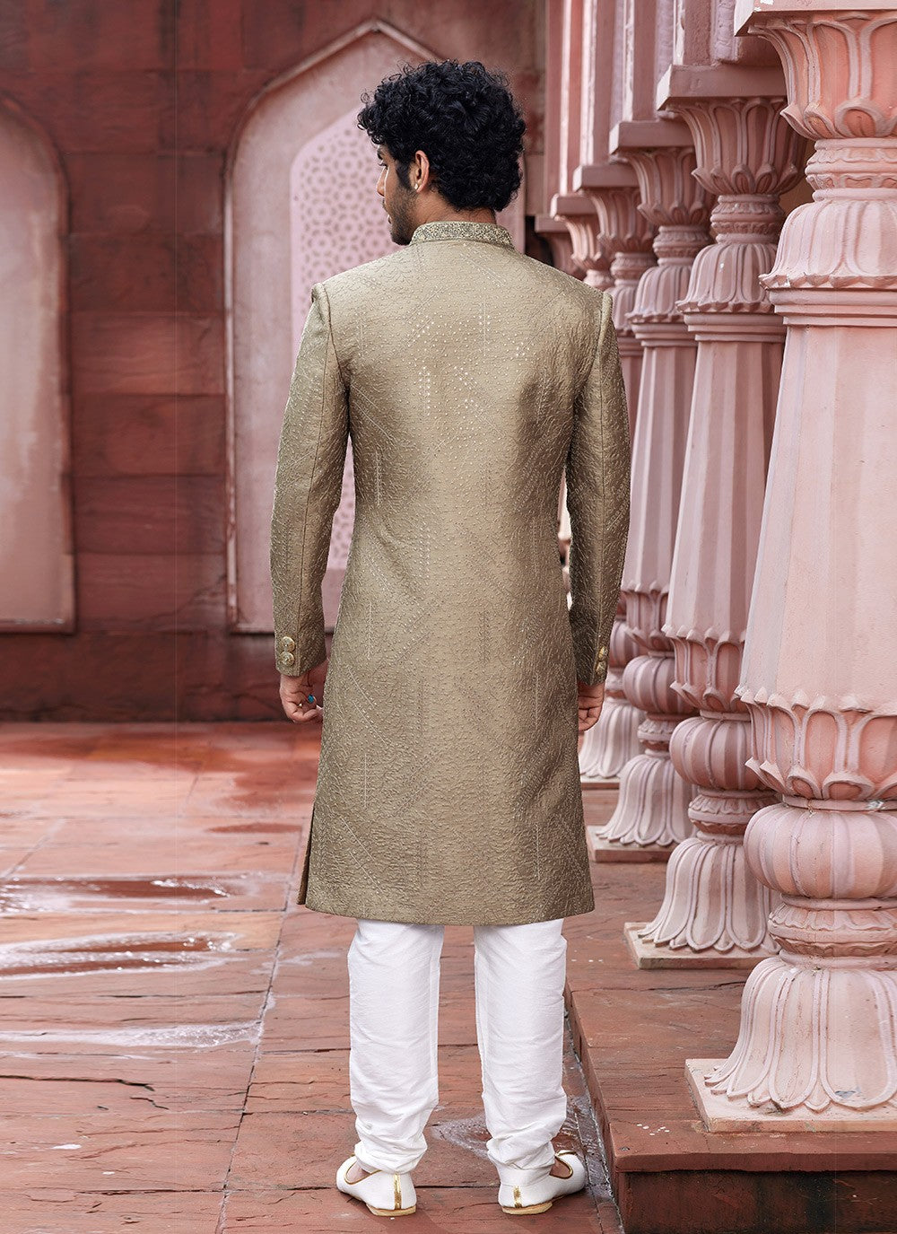 Hand Embroidery Art Silk Beige Sherwani - M6145