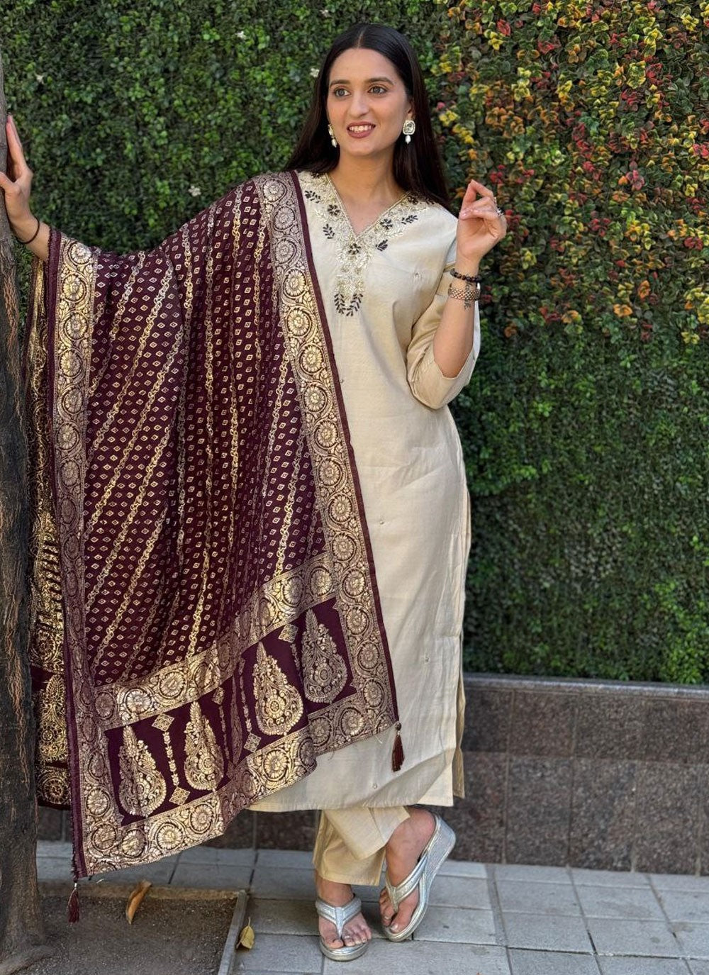 Embroidered Silk Beige Salwar Suit T6270