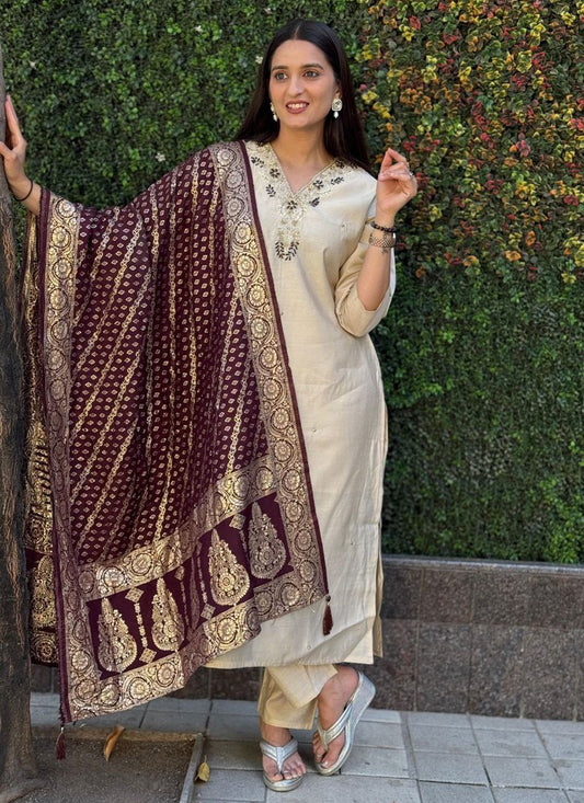 Embroidered Silk Beige Salwar Suit T6270