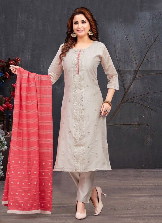 Pant Style Suit Embroidered Beige T8011