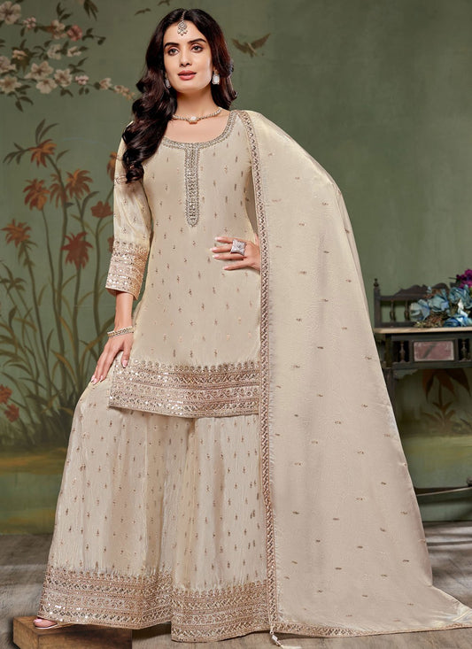 Palazzo Suit Embroidered, Sequins, Zari Beige T8074