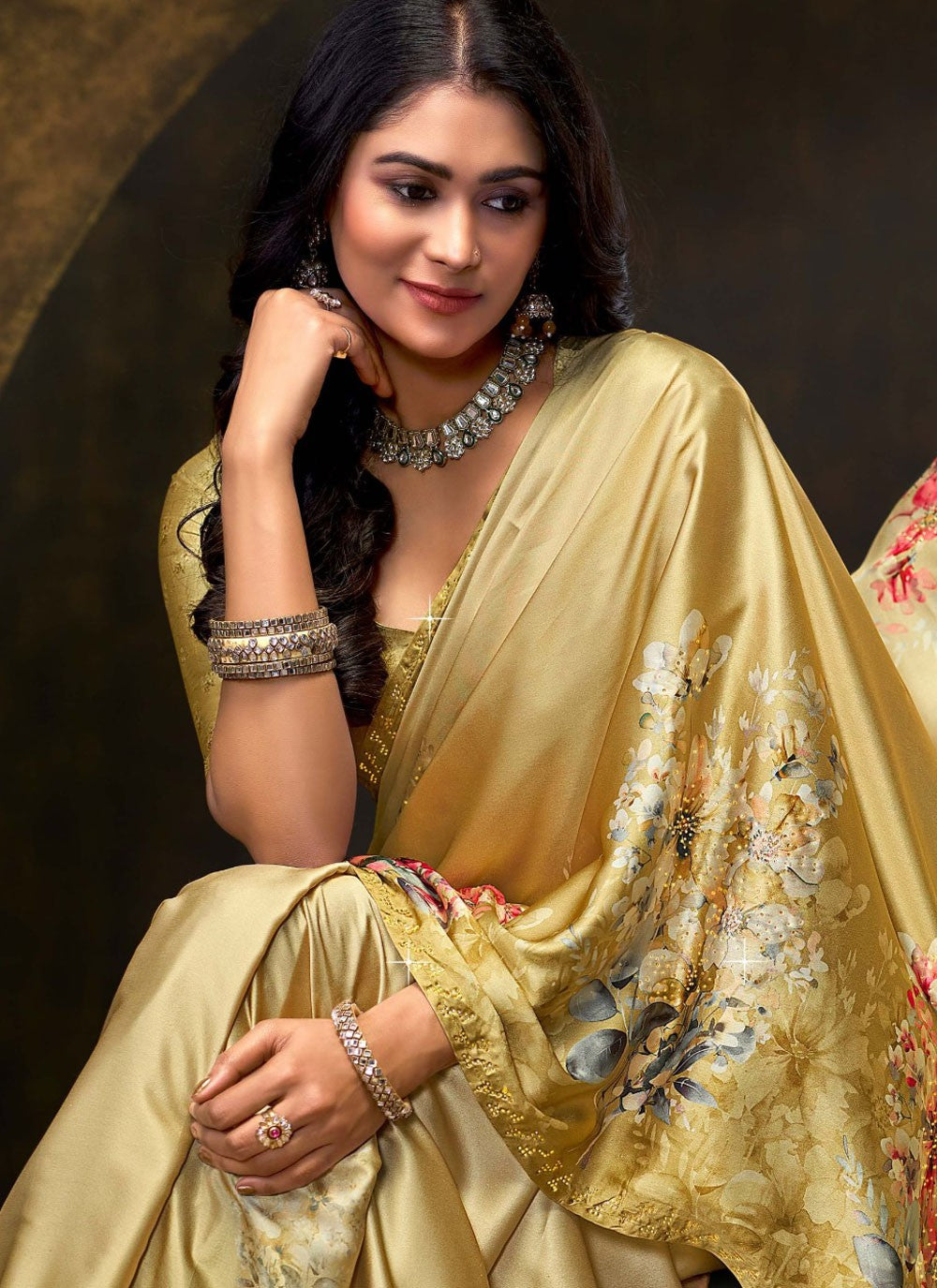 Classic Saree Digital Print Beige Satin Silk Saree S13241