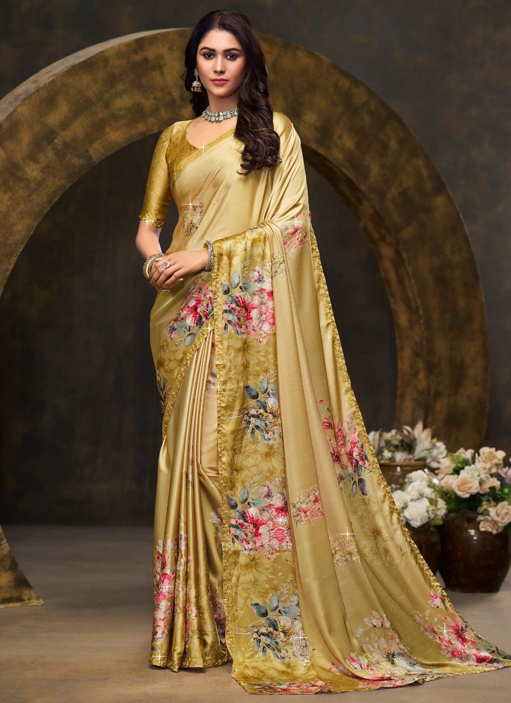 Classic Saree Digital Print Beige Satin Silk Saree S13241