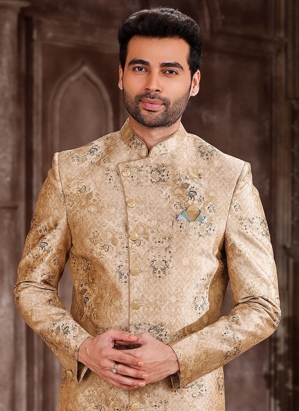 Printed Art Silk Beige Indo Western - M5294
