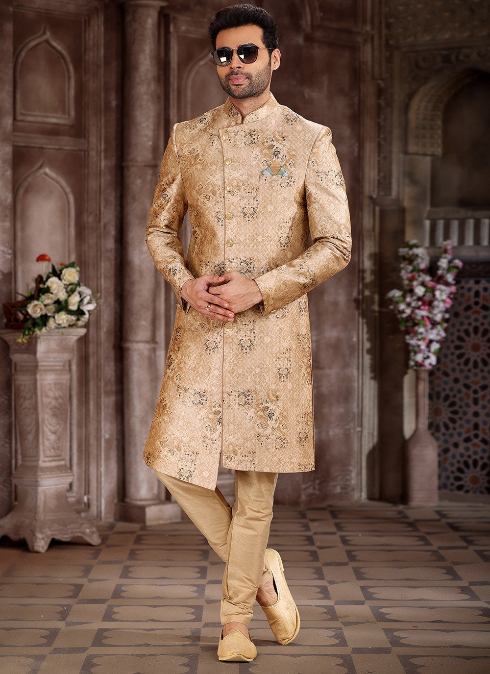 Printed Art Silk Beige Indo Western - M5294