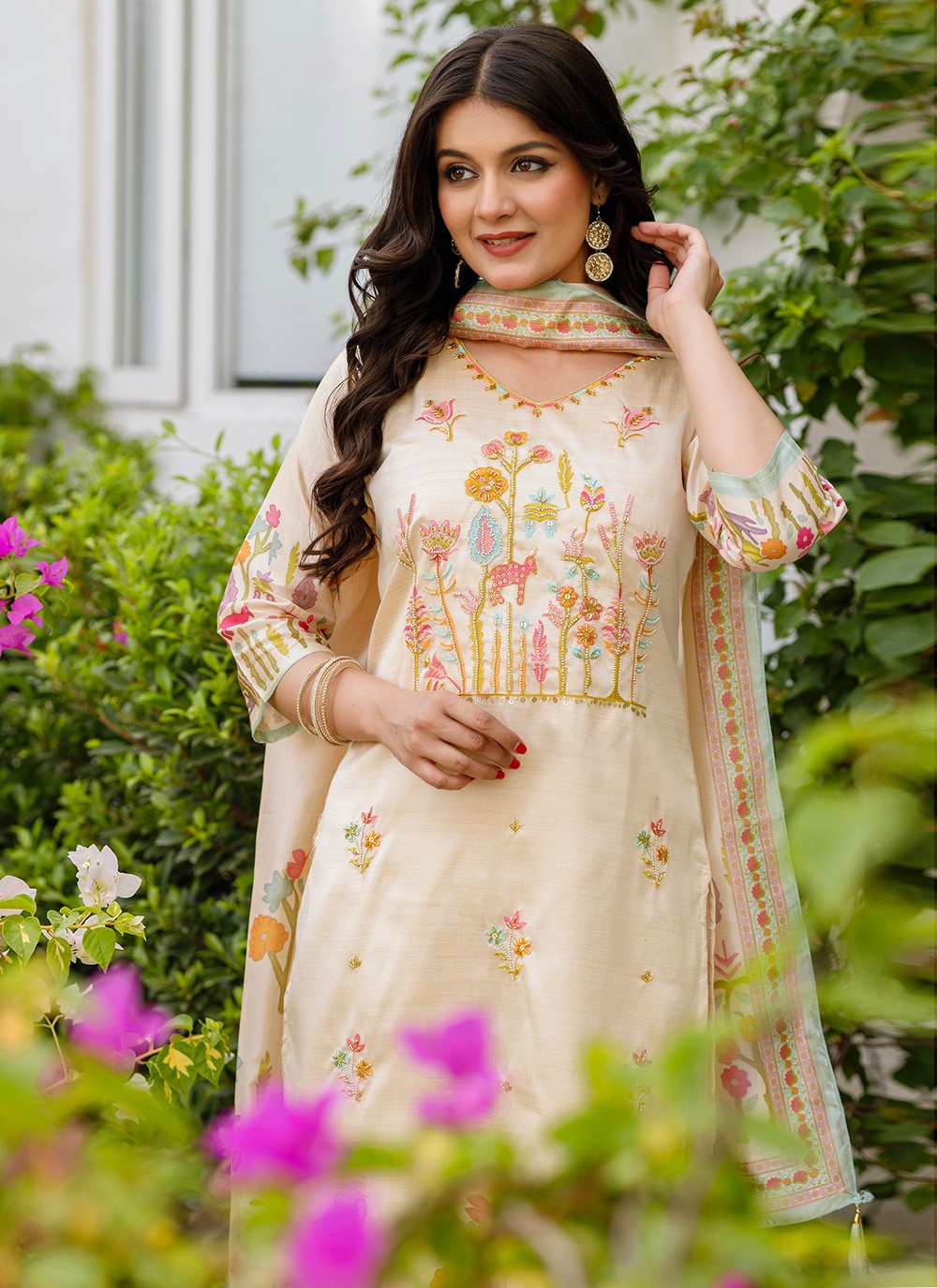 Pant Style Suit Beads, Printed Beige T7378