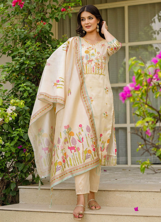 Pant Style Suit Beads, Printed Beige T7378