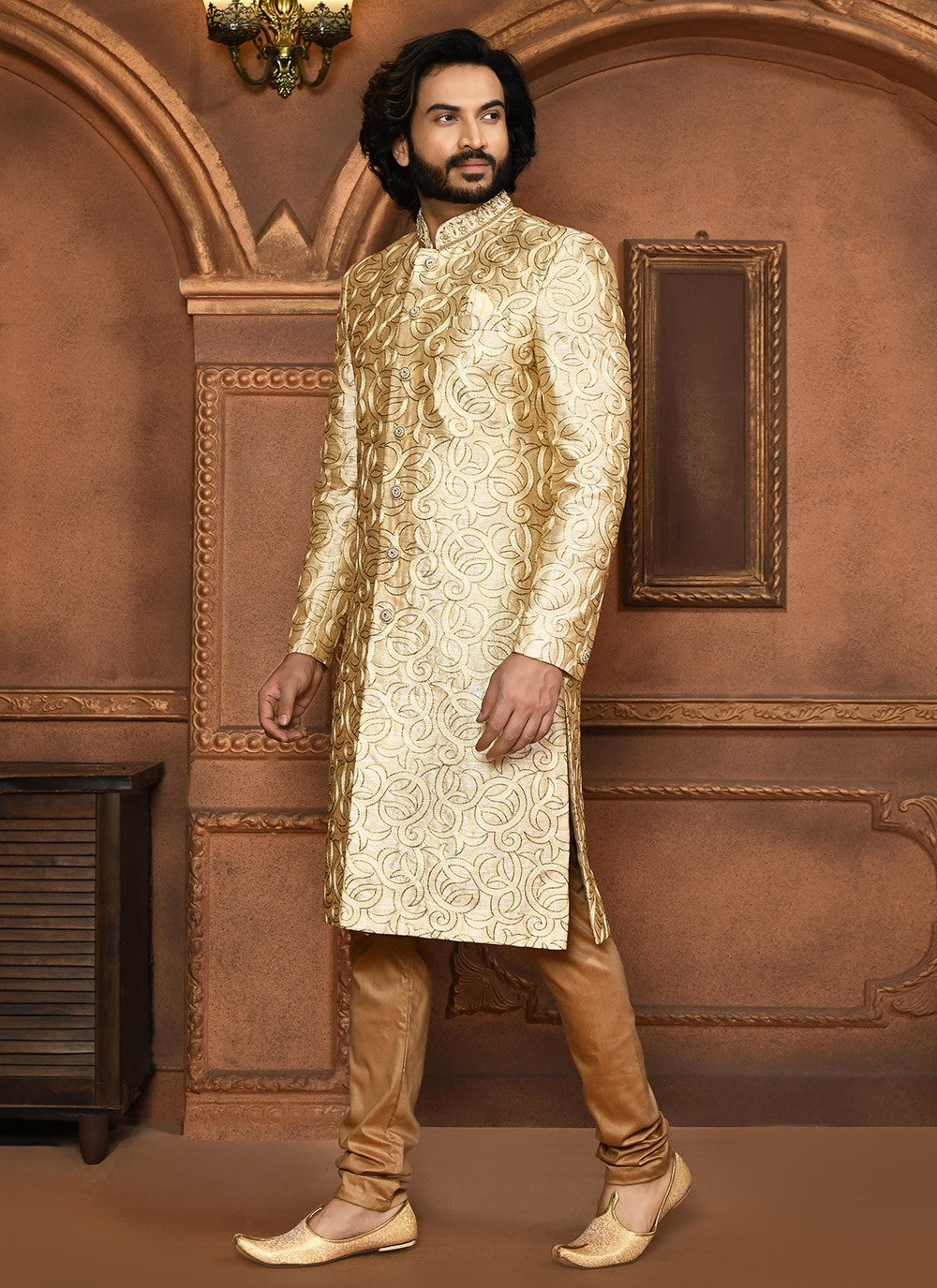 Embroidered Art Silk Beige Sherwani - M8042