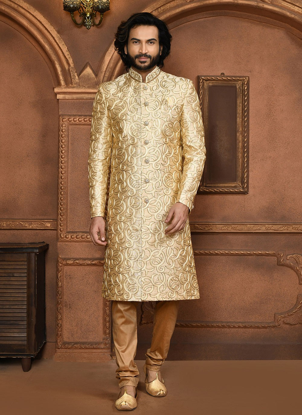 Embroidered Art Silk Beige Sherwani - M8042