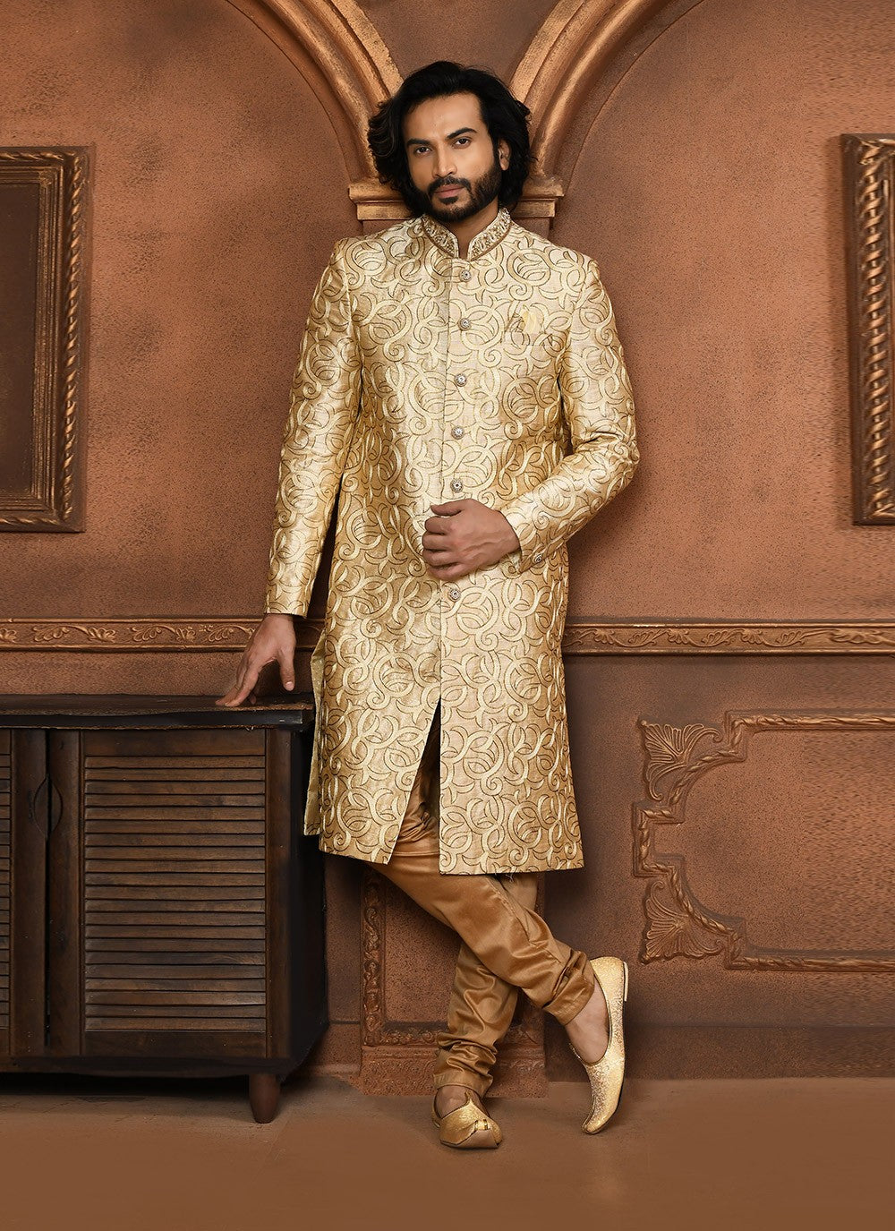 Embroidered Art Silk Beige Sherwani - M8042