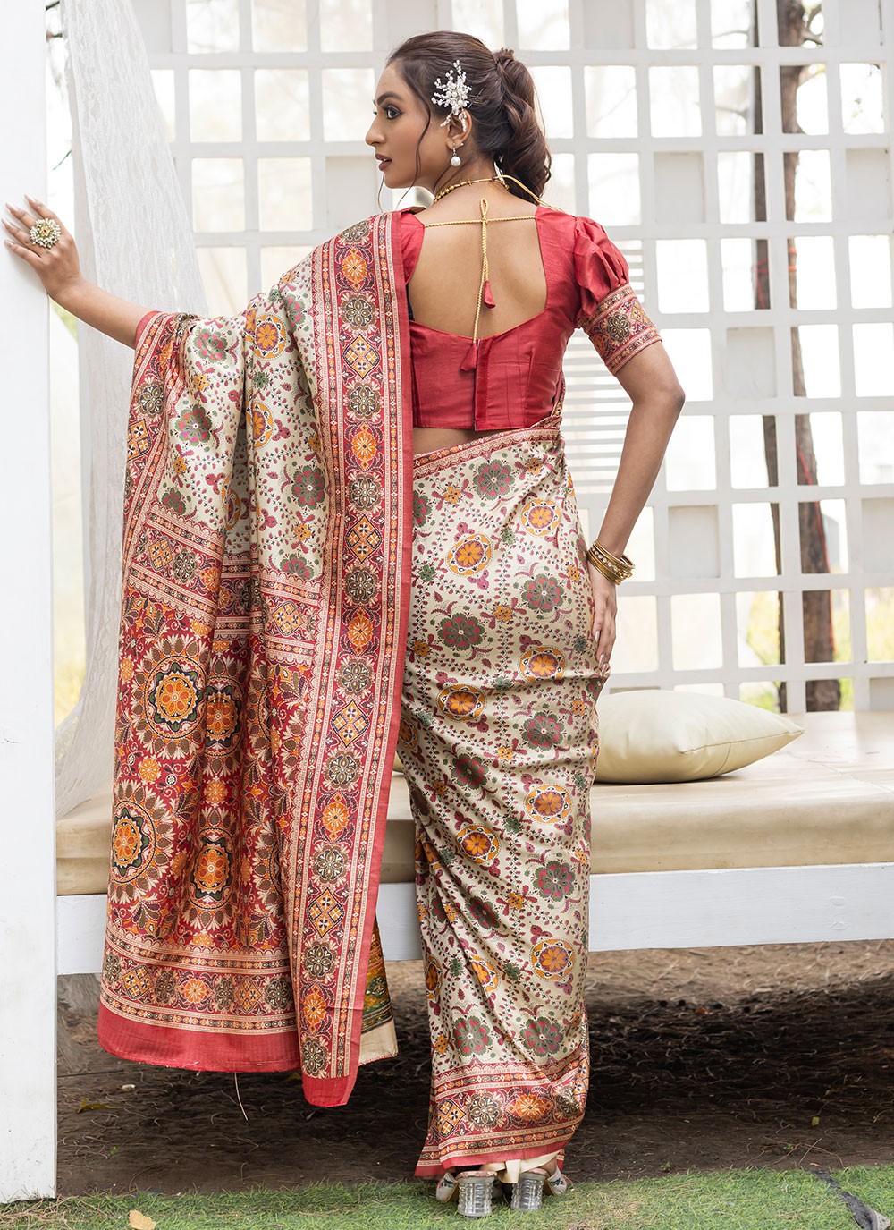 Printed Silk Beige Saree S14784