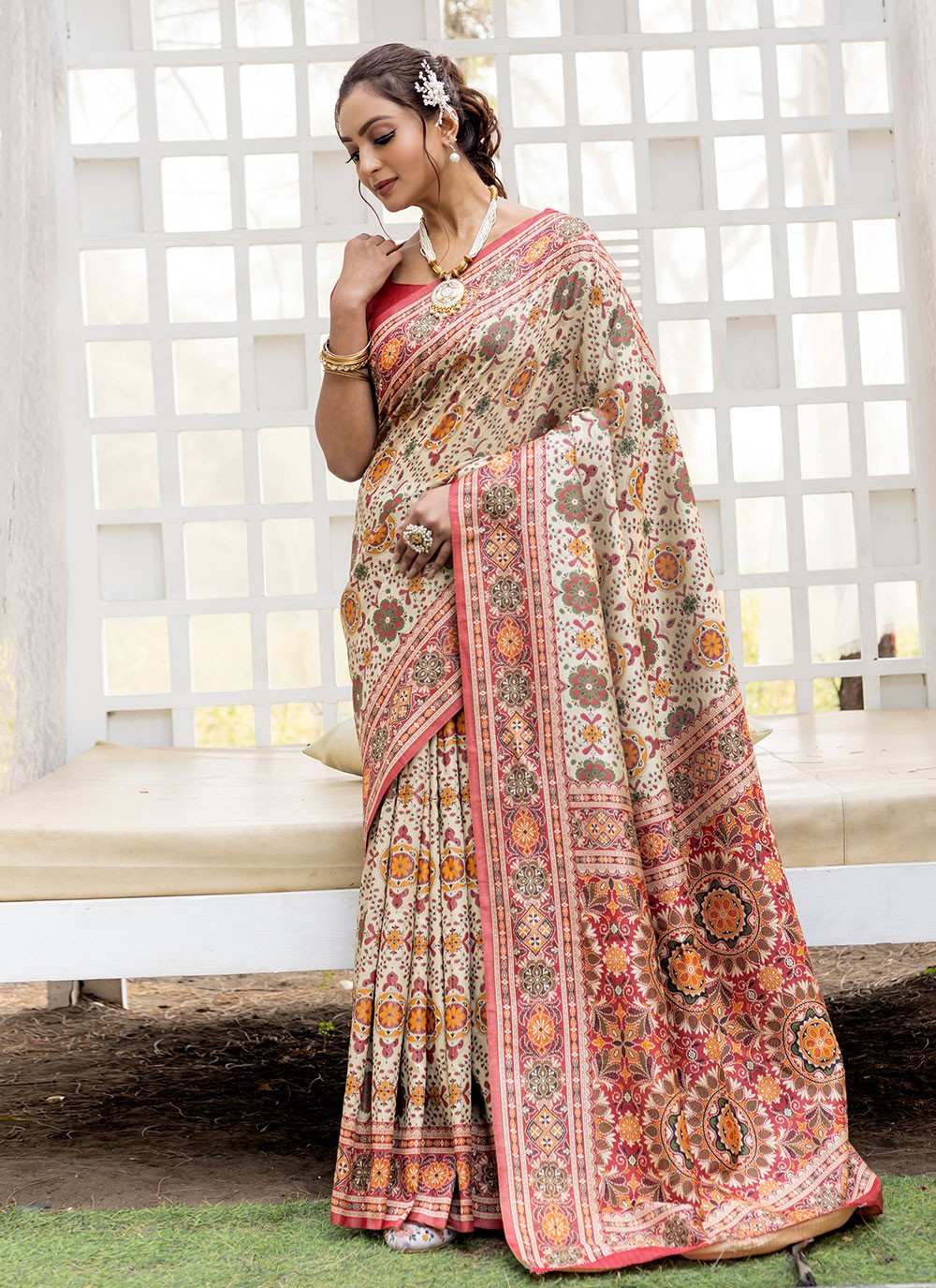 Printed Silk Beige Saree S14784