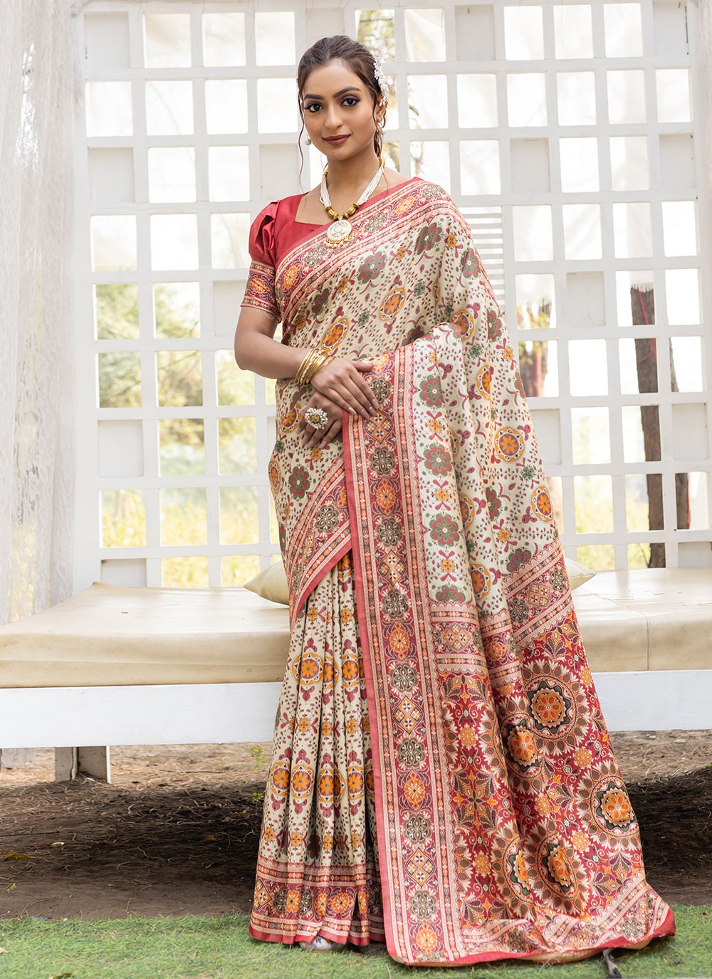 Printed Silk Beige Saree S14784