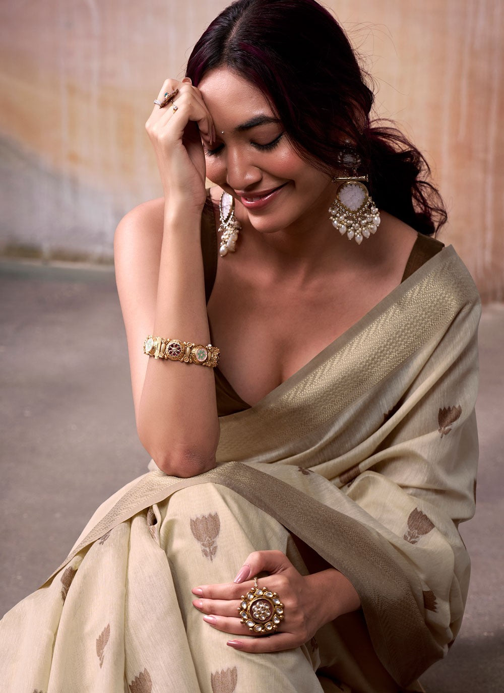 Beige Cotton Contemporary Saree Jacquard Work S17557