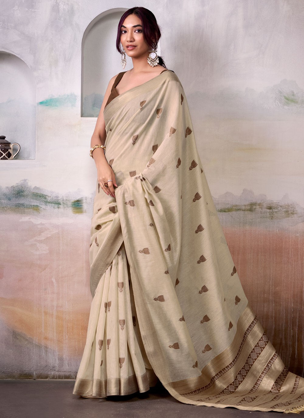 Beige Cotton Contemporary Saree Jacquard Work S17557