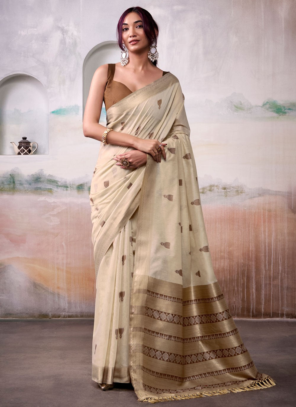 Beige Cotton Contemporary Saree Jacquard Work S17557