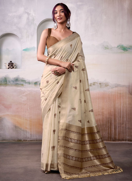 Beige Cotton Contemporary Saree Jacquard Work S17557