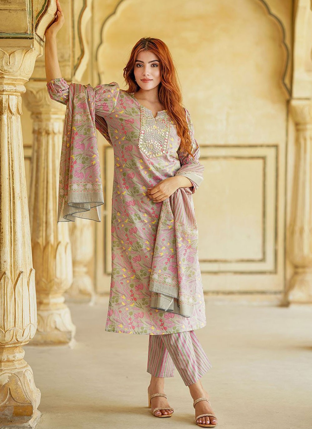 Salwar Suit Embroidered Beige Cotton T5383