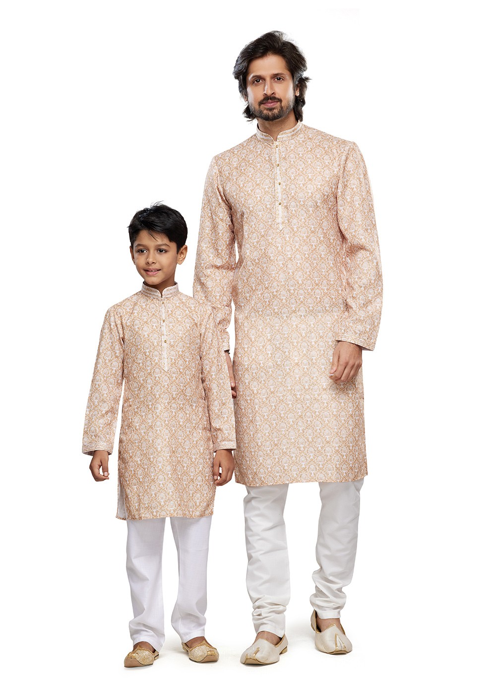 Digital Print Cotton Beige Men's & Kids Combo - M6814