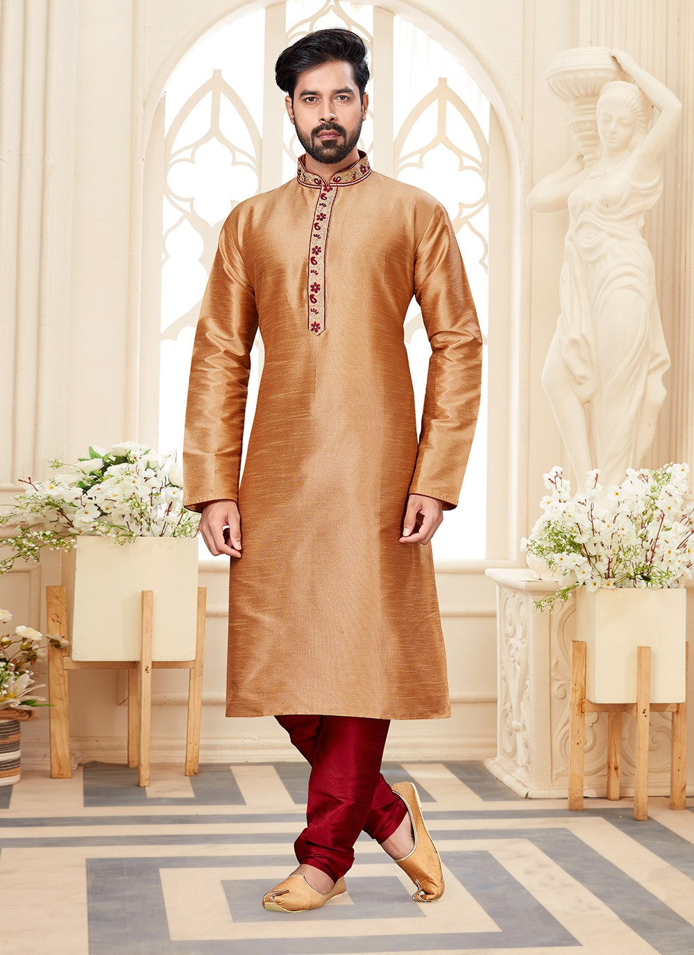 Embroidered Dupion Silk Beige Kurta - M5593