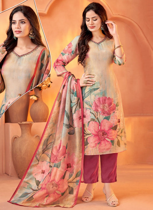 Pant Style Suit Embroidered Beige Shimmer T5143