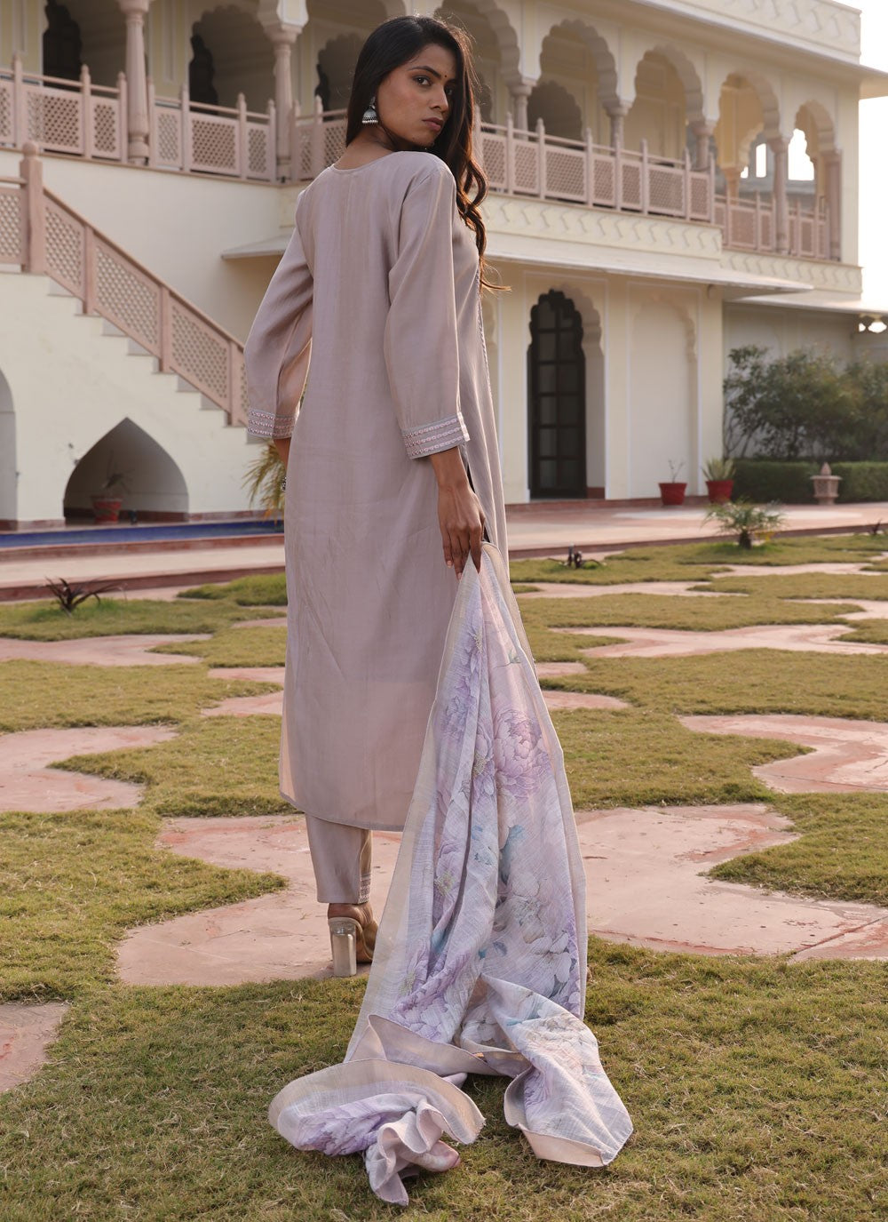 Salwar Suit Embroidered Beige Cotton Silk T5669