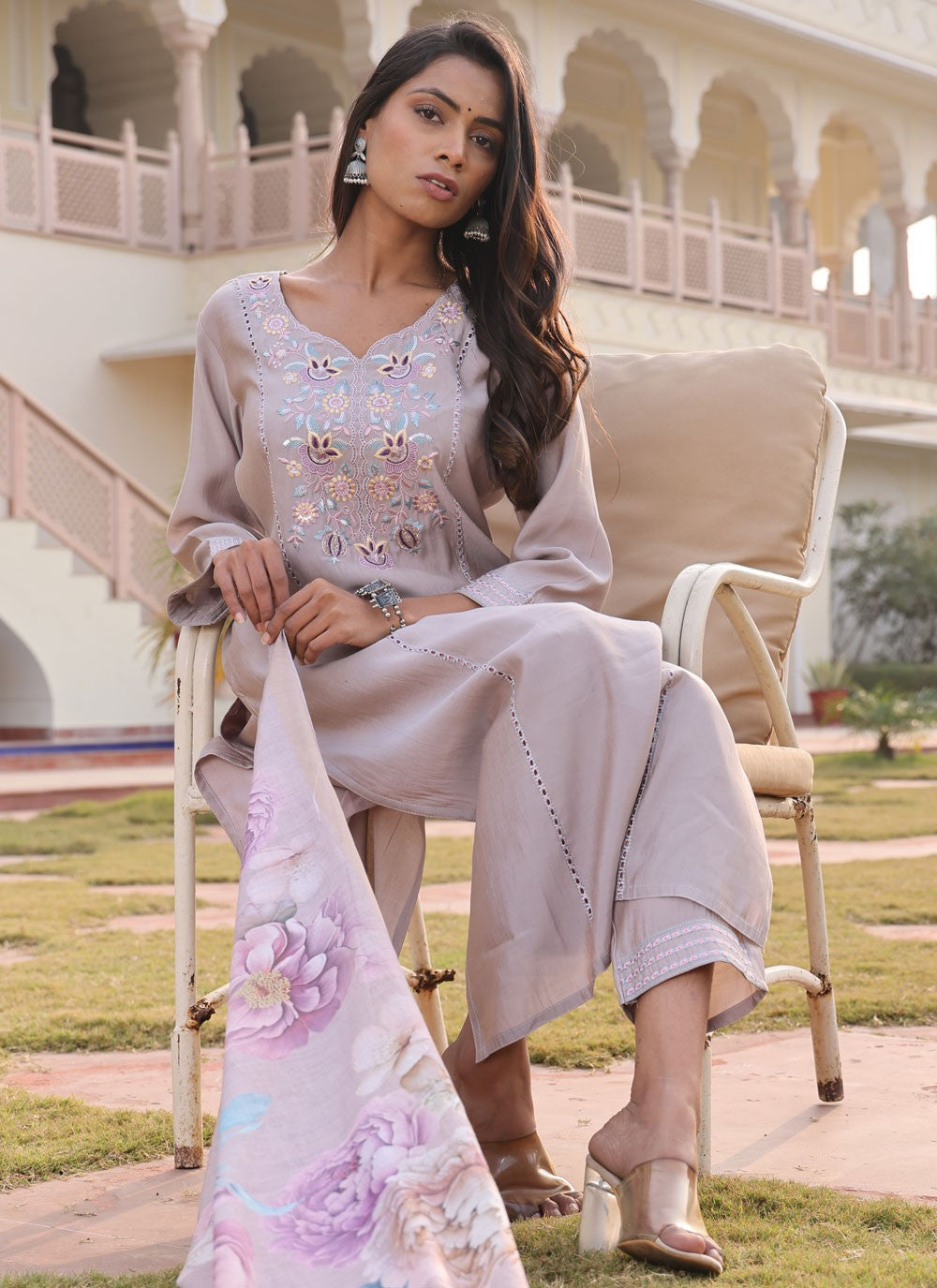 Salwar Suit Embroidered Beige Cotton Silk T5669