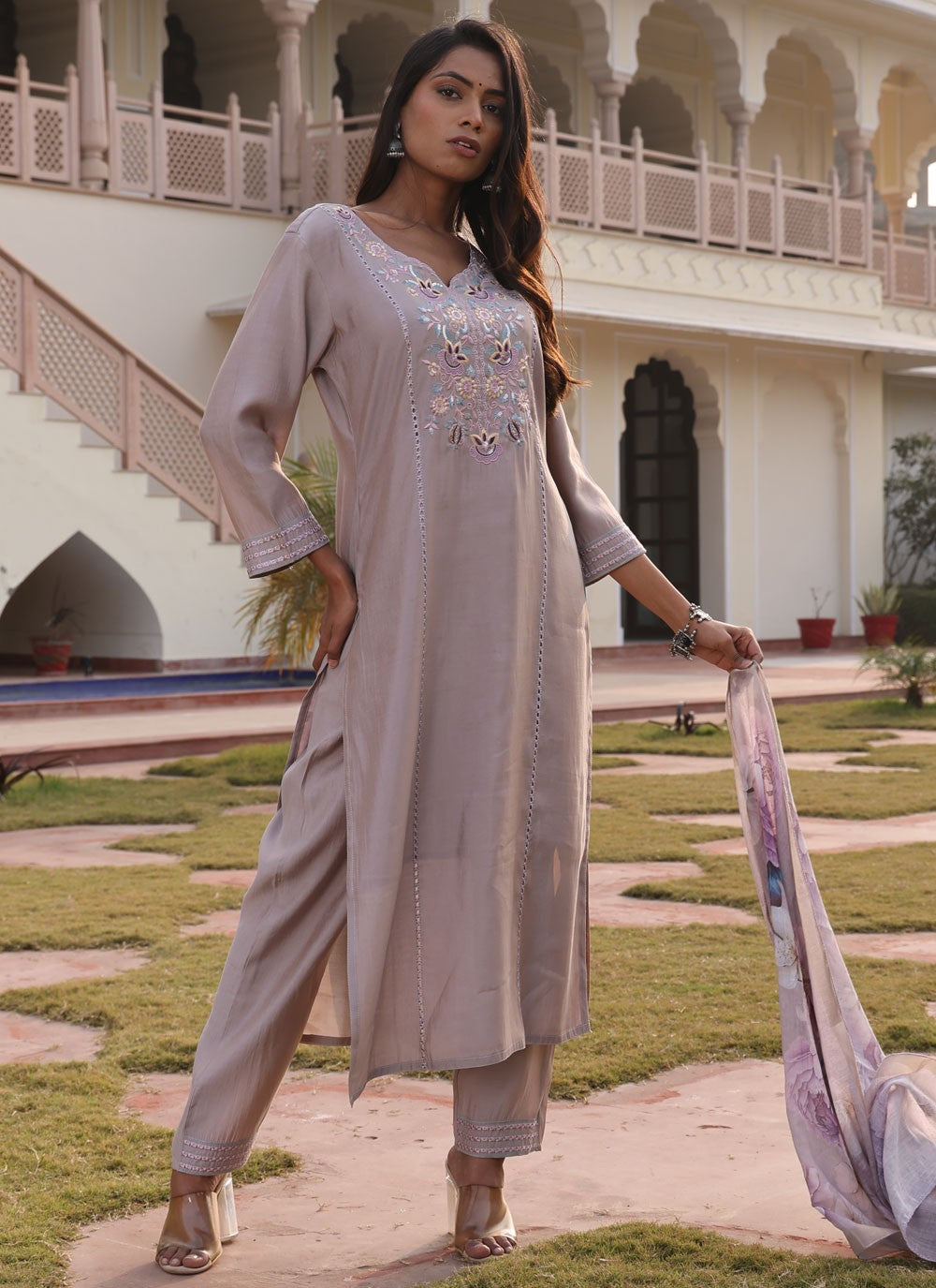Salwar Suit Embroidered Beige Cotton Silk T5669