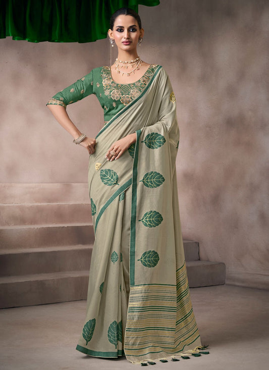 Beige Cotton Classic Saree Fancy Work S19859