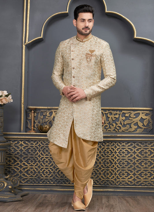 Fancy Work Brocade, Jacquard Silk Beige Indo Western - M6469