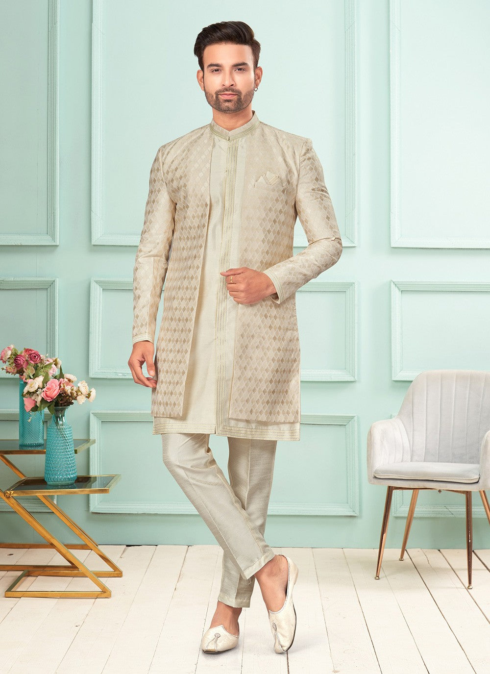Embroidered Brocade, Jacquard Beige Indo Western - M7272