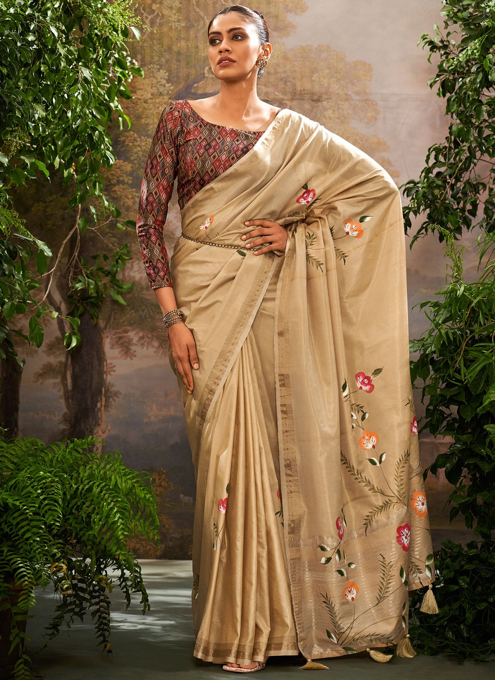 Classic Printed Linen Saree - S8387