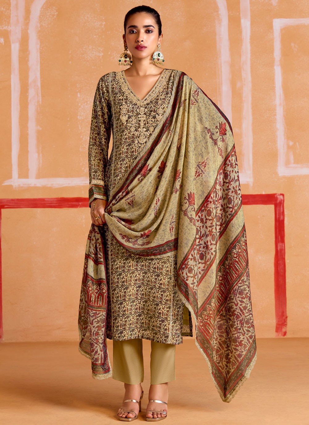 Salwar Suit Digital Print Beige Muslin T5170