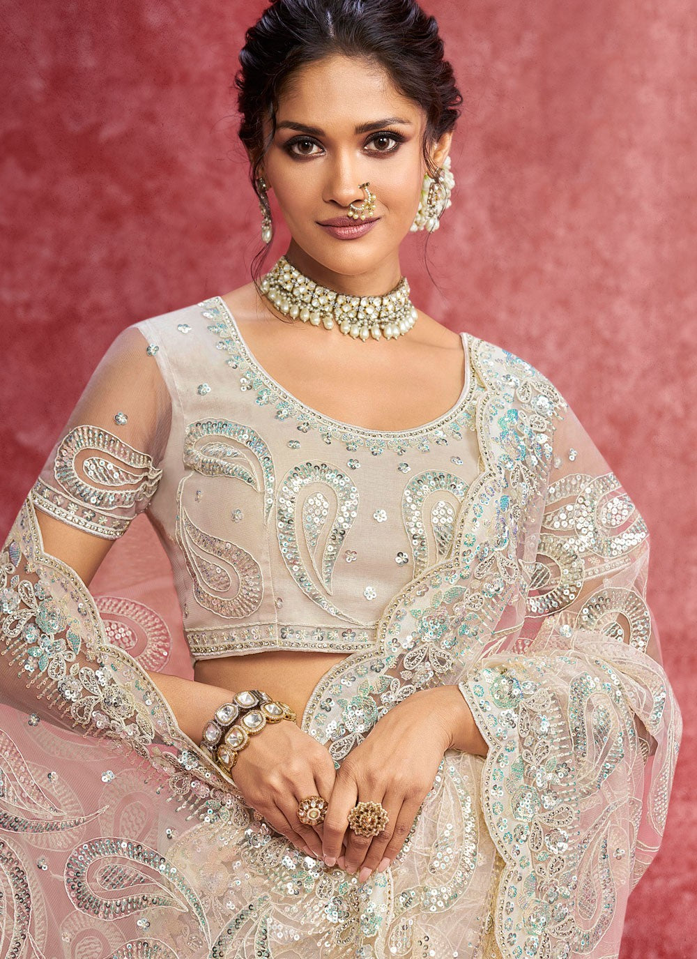 Beige Net Classic Saree Border Work, Cut Work, Embroidered, Sequins, Thread S19357