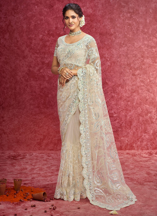 Beige Net Classic Saree Border Work, Cut Work, Embroidered, Sequins, Thread S19357