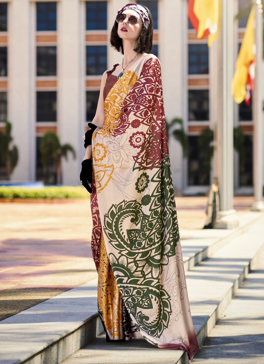 Abstract Print Satin Saree - S11830