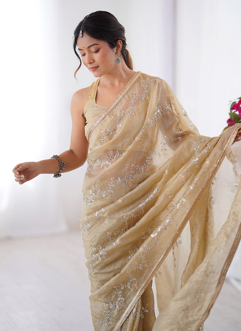 Beige Crush Classic Saree Beads, Moti, Sequins S16244