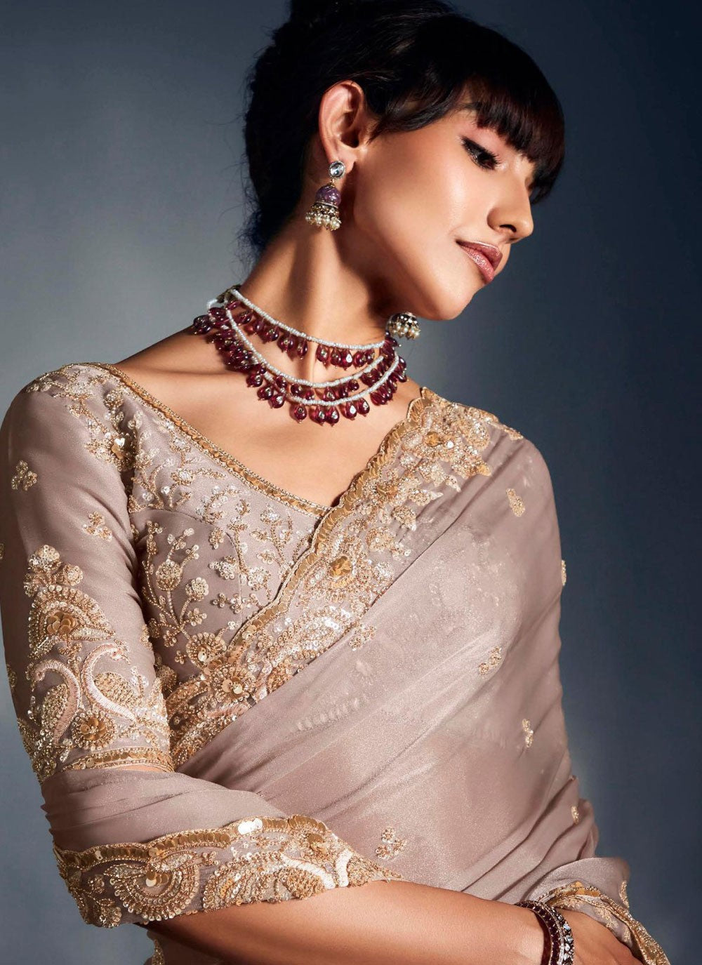 Beige Fancy Fabric Designer Saree Cut Work, Embroidered, Sequins, Zari S19065