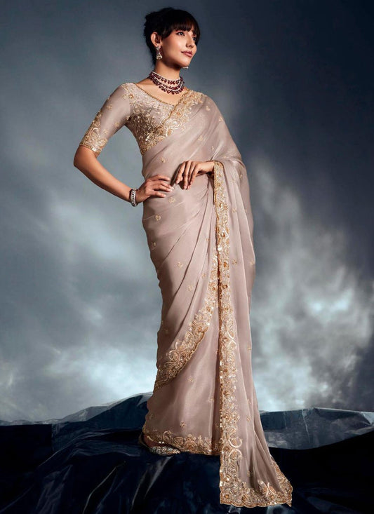 Beige Fancy Fabric Designer Saree Cut Work, Embroidered, Sequins, Zari S19065